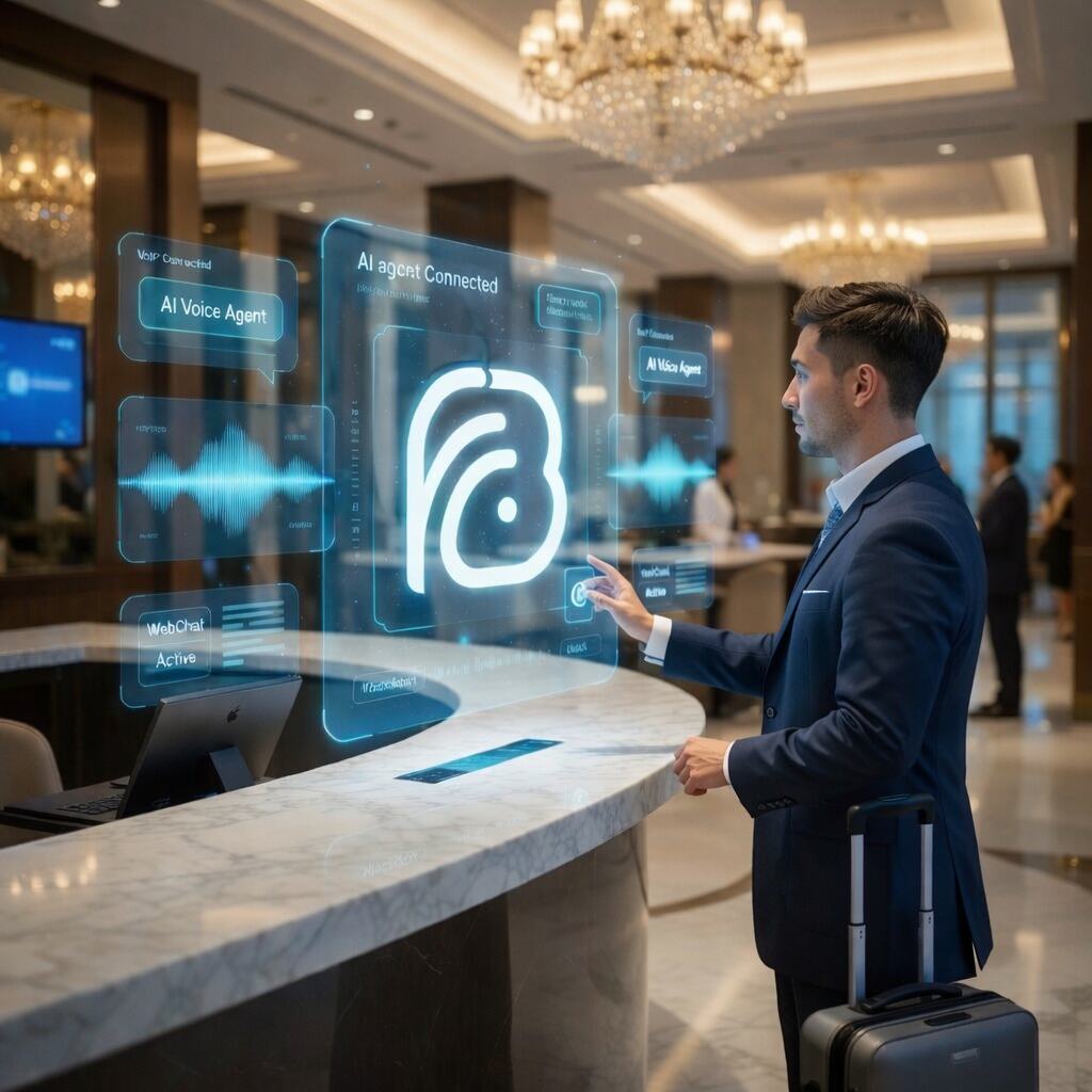 Business traveler interacting with AI-powered hotel interface